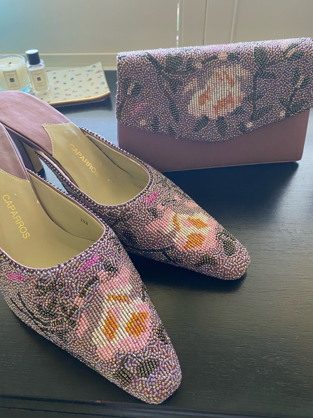 CAPARROS Stunning Lavender Beaded Floral Pointed-Toe Mules with Matching Clutch